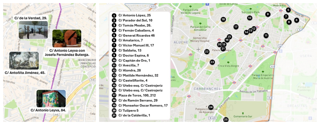 Mapa del arte de Carabanchel (Distrito 11). Dos ejes: Antonio Leyva (Derecha) y General Ricardos (Izquierda).